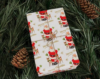 Christmas Wrapping Papers, Holiday Gift Wrap, Santa Reindeer Retro Print, Glossy Matte, Gold Stars, Mid Century Santa, Vintage Kitsch Gift