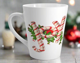 Joy Christmas Mug Candy Canes Mistletoe Midcentury Retro Vintage 1950s 1960s Latte Ceramic Coffee Cup Unique Cozy Cute Winter Holiday Gift