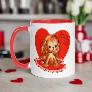 Retro Valentine&#39;s Day Puppy Mug: Mid-Century Ceramic Coffee Cup