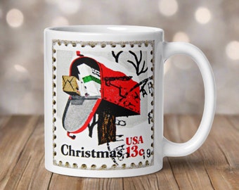 Christmas Mug Retro Vintage Red Mailbox Christmas Stamp Ceramic Coffee Cup Unique Cozy Gift For Friend Him Her Kitchen Decor