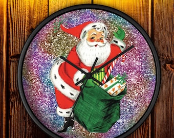 Midcentury Santa Wall Clock – Retro Christmas Glitter Print