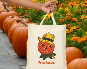 Personalized Halloween Pumpkin Tote Bag, Custom Trick or Treat Bag, Eco-Friendly Bag, Fall Tote Bag, Custom Name Bag Retro Jack O Lantern