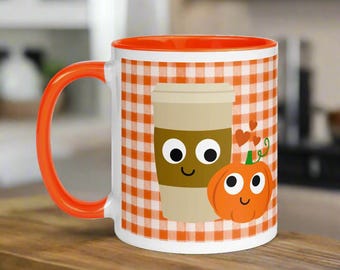 Pumpkin Spice Coffee Mug Love Hearts Fall Autum Orange Lined Ceramic Glossy Cup Unique Cozy Cute Gift For Her Friend Buffalo Check Drinkware