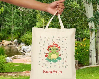 Whimsical Frog Tote Bag, Cute Frog Design with Personalized Name, Eco-Friendly Shopping Bag, Gift for Kids and Adults, Perfect for Everyday