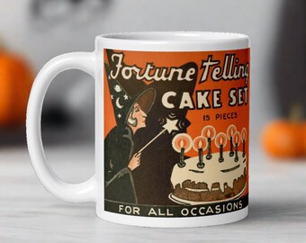 Halloween Mug Fortune Telling Witch Cake Set Retro Vintage Halloween Print Ceramic Coffee Cup Unique Spooky Cute Gift For Witchy Friend Her