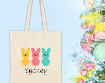 Personalized Bunny Tote Bag Easter Gift Eco-Friendly Shopping Custom Tote For Kids Spring Decor Basket Books Marshmallow Rabbit Unique Cute