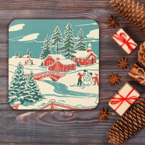 Cute Mid Century Christmas Coaster | Retro Winter Scene Cork-Back Coaster | Winter Christmas Coaster | Cozy Cute Unique Holiday Gift