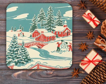 Cute Mid Century Christmas Coaster | Retro Winter Scene Cork-Back Coaster | Winter Christmas Coaster | Cozy Cute Unique Holiday Gift