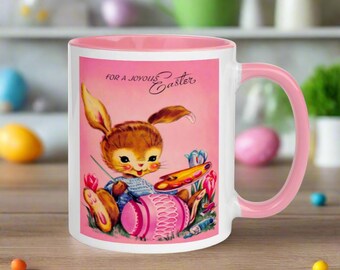 Easter Bunny Coffee Mug Retro Midcentury Kitsch Unique Cozy Cute Gift For Basket Him Her Spring Drink Ceramic Hot Tea Cup Easter Eggs Pink