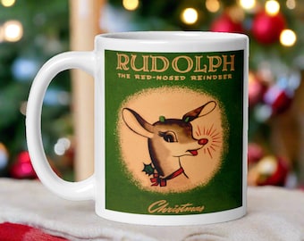 Christmas Mug Rudolph The Red Nosed Reindeer Mid Century Retro Vintage Ceramic Coffee Cup Unique Cozy Cute Holiday Kitsch Gift For Friend