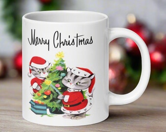 Christmas Mug Merry Christmas Santa Cats Decorating Tree Retro Vintage Mid Century Glossy Ceramic Cup Unique Cozy Cute GIft For Friend Her