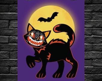 Spooky Cat Poster, Halloween Wall Art, Matte Vertical Prints, Goth Home Decor, Unique Gifts for Cat Lovers, Retro Vintage Halloween Moon