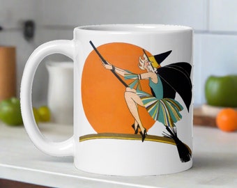 Halloween Mug Retro Flapper Flying Witch Orange Full Moon Vintage Ceramic Coffee Cup Unique Spooky Cozy Cute Gift For Friend Her Kitchen