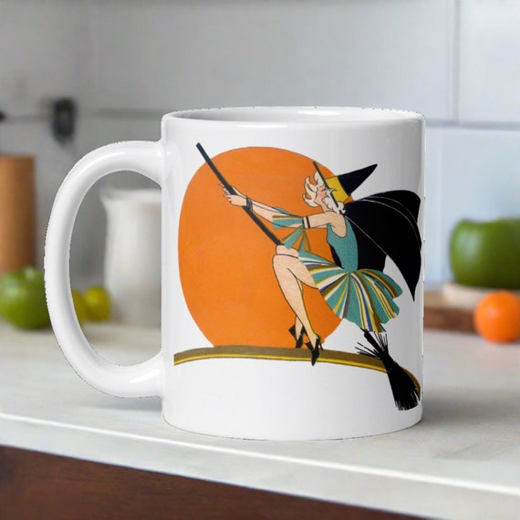 Retro Halloween Mug: Flapper Witch Flying, Vintage Ceramic Coffee Cup
