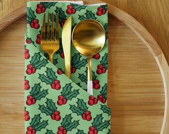 Festive Christmas Napkins Set, Holiday Party Decor, Christmas Tableware, Winter Celebration, Hostess Gift, Cute Holly Berries, Fabric Linens