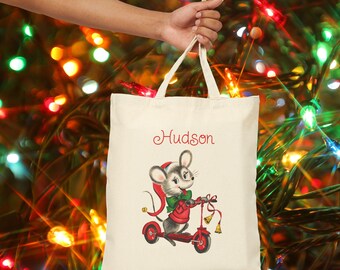 Personalized Holiday Mouse Tote Bag Cute Gift for Kids Reusable Shopping Bag Christmas Tote Eco-Friendly Bag Midcentury Retro Unique Custom