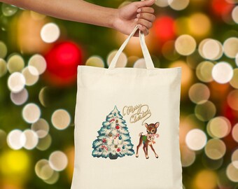 Vintage Christmas Tote Bag, Holiday Gift Bag, Eco-Friendly Shopper, Reusable Grocery Tote, Hand-Painted Christmas Decor, Retro Reindeer Tree