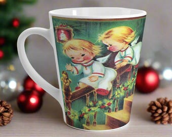 Christmas Angels Mug Ceramic Latte Coffee Cup Unique Cozy Cute Gift For Her Him Midcentury Retro Art Holiday Season Kitchen Home Decor