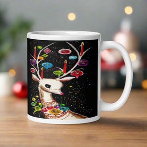 Retro Reindeer Christmas Mug Reindeer Antler Ornaments Midcentury Vintage Ceramic Glossy Coffee Cup Unique Cozy Cute Elegant Holiday Gift