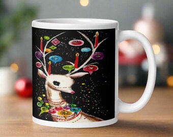 Retro Reindeer Christmas Mug Reindeer Antler Ornaments Midcentury Vintage Ceramic Glossy Coffee Cup Unique Cozy Cute Elegant Holiday Gift