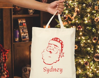 Retro Santa Tote Bag, Christmas Gift, Personalized Canvas Bag, Holiday Shopping Bag, Red Jolly Santa Reusable Bag
