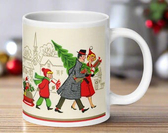 Christmas Family Mug Tree Presents Sleigh Town Midcentury Retro Vintage Ceramic Glossy Coffee Cup Unique Cozy Cute Gift For Him Her Friend