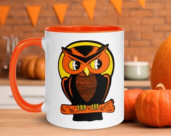 Retro Halloween Mug Orange Owl Vintage Halloween Yellow Moon Spooky Cute Unique Lined Glossy Ceramic Cup Gift For Her Him Friend Kitchen