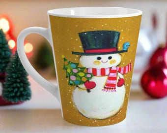 Christmas Snowman Mug Tree Bluebird Retro Mod Vintage Unique Cozy Cute Latte Coffee Cup Winter Holiday Kitsch Gift For Her Him Frosty 1960s
