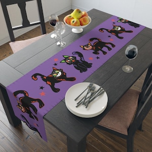 Whimsical Cat Table Runner - Halloween Decor, Witchy Tablecloth, Spooky Home, Black Cat Lover Gift, Table Setting, Retro Halloween, Void Cat