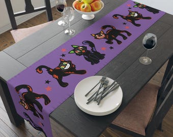 Whimsical Cat Table Runner - Halloween Decor, Witchy Tablecloth, Spooky Home, Black Cat Lover Gift, Table Setting, Retro Halloween, Void Cat