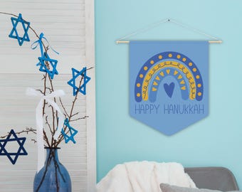 Happy Hanukkah Pennant Banner Wall Hanging Boho Rainbow Heart Home Decor Fabric Tapestry Flag Jewish Holiday Party Winter Decorations