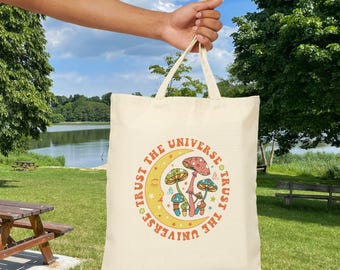 Whimsical Mushroom Tote Bag - Trust the Universe, Eco-Friendly Shopping Bag, Gift for Nature Lovers, Boho Style, Festival Tote