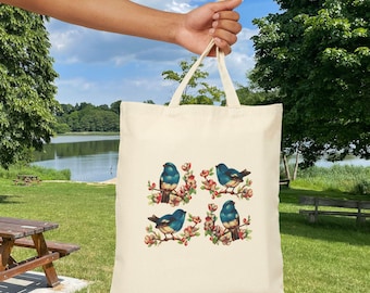 Retro Bluebirds Cotton Canvas Tote Bag Spring Flowers Mother's Day Gift Reusable Shoulder Bag Eco-Friendly Shopping Bag Floral Print Cute