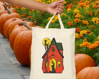 Spooky House Cotton Canvas Tote Bag Ideal for Halloween Grocery Festivals Eco-Friendly Trick-or-Treating Retro Midcentury Vintage Gothic