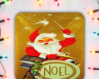 Cute Santa Coaster | Christmas Coaster | Santa On The Drums Midcentury Retro Cork-back Coaster | Vintage Christmas Table Decor | Festive