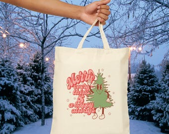 Merry Everything Christmas Tote Bag, Eco-Friendly Gift Bag, Holiday Shopping Tote, Reusable Cotton Bag, Festive Green Design, Cute Tree Tote