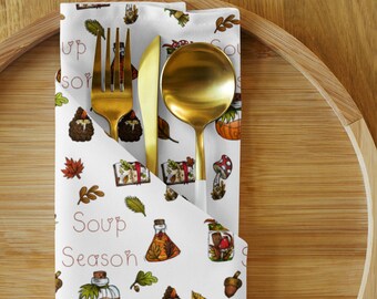 Fall Cloth Napkin Set, Soup Season, Cozy Woodland Table Decor, Fabric Linen Kitchen Holiday Party Decor, Autumn Tableware, Hostess Gift