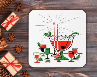 Unique Vintage Cork-back Coasters - Christmas Cocktails Party Decor for Cozy Table Bar, Midcentury Retro Christmas Decor, Holiday Party Gift
