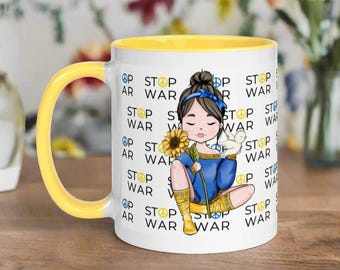 Stop War Mug Peace Dove Sunflower Girl Stand With Support Ukraine Blue And Yellow Ceramic Coffee Cup Unique Cute Gift For Her Him Friend