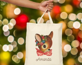 Cute Personalized Deer Tote Bag, Christmas Gift, Eco-Friendly Canvas Bag, Stylish Grocery Tote, Custom Name Bag, Retro Reindeer, Midcentury