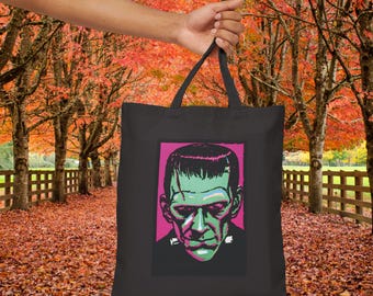 Frankenstein Art Canvas Tote Bag Vintage Style Reusable Shopping Bag Halloween Gift Eco Friendly Horror Tote Bag Retro Monster Statement Bag