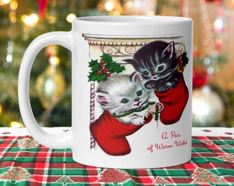 Christmas Mug A Pair Of Warm Wishes Kittens In Stockings Cute Retro Vintage Print Glossy Ceramic Coffee Cup Kitchen Home Gift For Her Friend