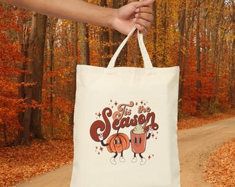Festive Pumpkin Tote Bag, Autumn Carryall, Fall Shopping Bag, Halloween Gift, Reusable Canvas Bag, 'Tis the Season Tote, Pumpkin Spice Bag