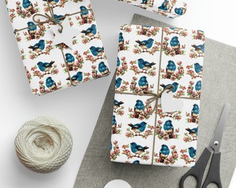 Spring Bluebirds Retro Print Holiday Gift Wrap Paper - Glossy Or Matte