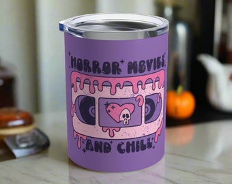 Halloween Tumbler Travel Mug VHS Tape Horror Movies And Chill Retro Distressed Purple Stainless Steel Tumbler 10oz Unique Spooky Cute Gift