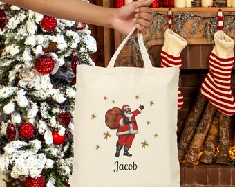 Personalized Santa Tote Bag, Christmas Gift, Custom Name Bag, Holiday Shopping, Eco-Friendly Canvas, Cute Santa Design, Diverse Santa Stars
