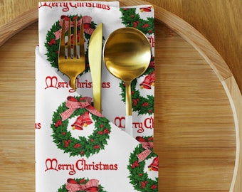 Festive Christmas Napkins Set, Holiday Party Decor, Christmas Tableware, Winter Celebration, Hostess Gift, Vintage Design Retro Wreath Bells