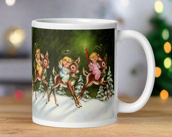 Retro Angels Reindeer Christmas Mug Midcentury Vintage Ceramic Coffee Cup Unique Cozy Cute Winter Holiday Gift For Her Him Snowy Trees Halos