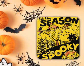 Cute Halloween Coaster Tis The Season To Be Spooky Scarecrow Pumpkin House Retro Vintage Midcentury Cork-back Unique Cozy Cute Table Decor