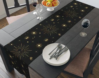 Celestial Sun and Stars Table Runner - Tarot Black Polyester, Gold Design, Cotton, Poly, Celestial Home Decor, Witchy Home Decor, Altar
